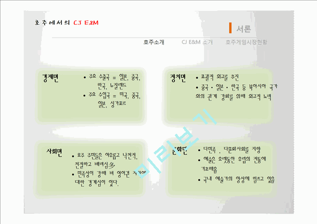 마케팅 : 국제경영론-다 함께 차차차,CJ E&M 해외글로벌마케팅전략사례,호주시장진출 보고서